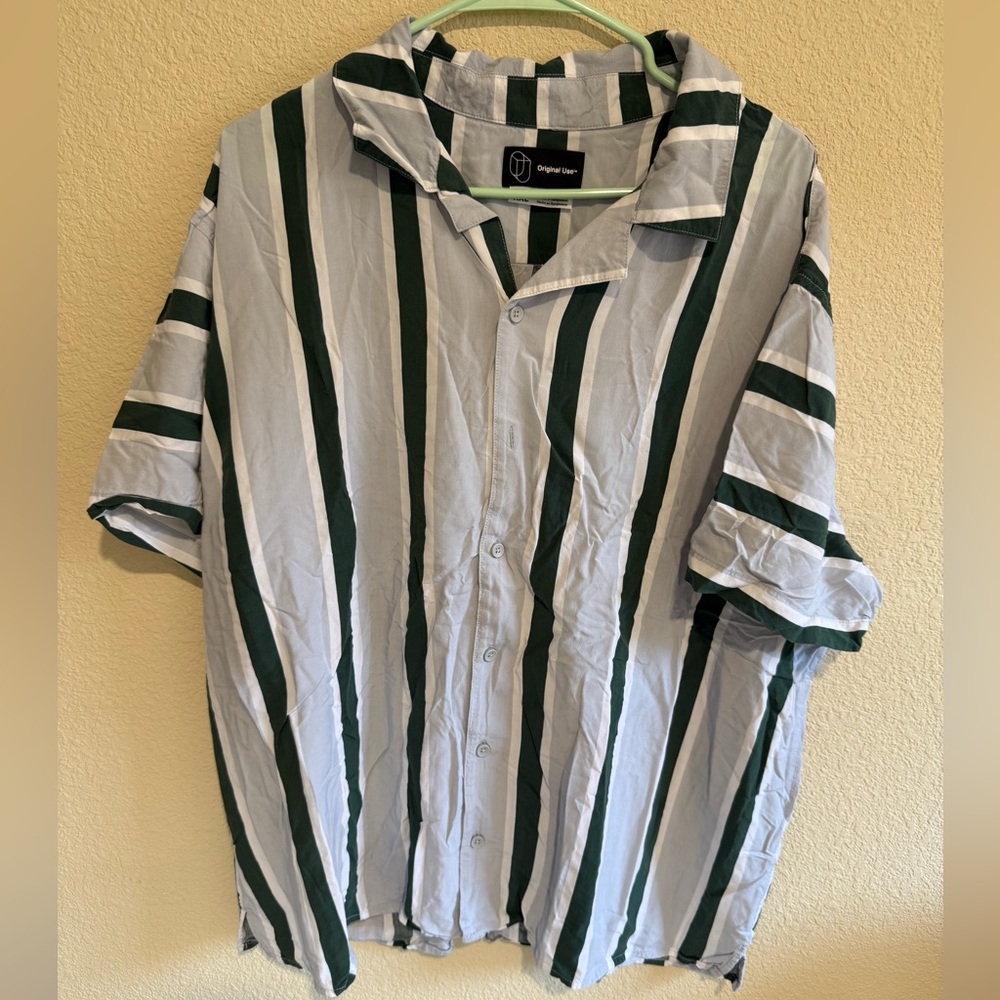 Original Use Casual Button Down Shirt - Green and White Stripes